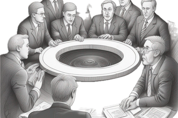 Several male politicians sat around a cauldron representing a black hole