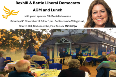 AGM and Lunch with guest speaker CIr Danielle Newson Saturday 9th November 12:30 for 1pm. Sedlescombe Village Hall, Church Hill, Sedlescombe, East Sussex TN33 0QW