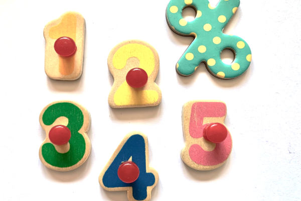 Childs Wooden coloured numbers 1 -5 and %